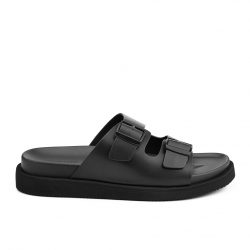 straplux noir Black leather double monk strap slippers