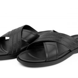 crossease noir Black leather cross-strap slippers