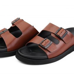 StrapLux brown leather double monk strap slippers
