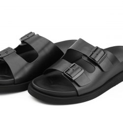 straplux noir Black leather double monk strap slippers