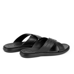 crossease noir Black leather cross-strap slippers