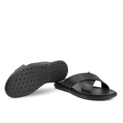 crossease noir Black leather cross-strap slippers