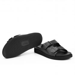 straplux noir Black leather double monk strap slippers