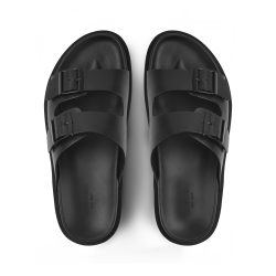 straplux noir Black leather double monk strap slippers